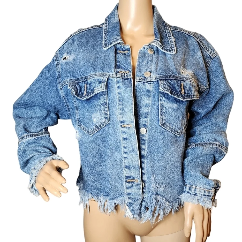 Zara Freyed Hem Distressed Denim Blue Jean‎ Jacket Size Small Hi-Low Crop